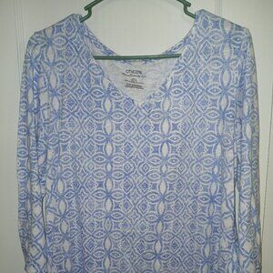 Chico's Ultimate Tee V-Neck High Low 3/4 Sleeve Geometric Design, Size 3